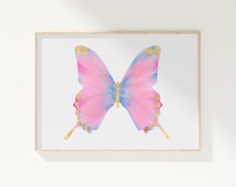 Preppy Butterfly Digital Wall Art, Girls Bedroom Decor, Watercolor Art Pastel Pink, College Dorm Preppy Decor, Pastel Colorful Butterfly Art