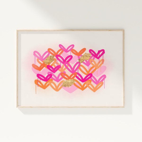 Wall Art Print Preppy Pink Hearts, Trendy Room Decor Wall Print, Colorful Aesthetic Wall Decor, Dorm Room Preppy Decor, Trendy College Decor