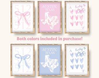 Austin Texas Preppy Floral Print: Toile Coquette Dorm Decor (Digital Download, Set of 6)