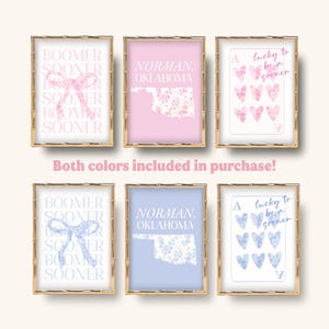 Norman Oklahoma College Girl Wall Art Prints, Oklahoma Preppy Pink and Blue Coquette Digital Prints, Trendy Floral Toile College Prints