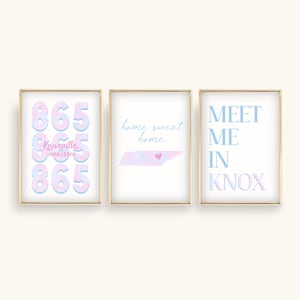 Knoxville, Tennessee kunst aan de muur ontwerpen voor studentenkamers, trendy roze en blauwe aquarel muurdecoratie prints, Meet Me in Knox Art Design