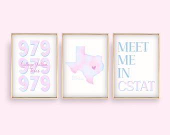 College Station Texas Wall Art: Preppy Dorm Decor (Digital Download, Set of 3)