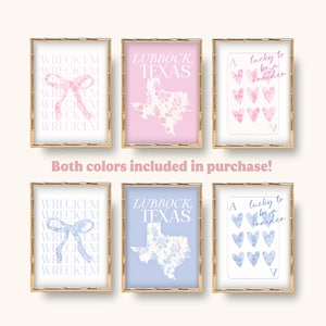 Trendy Lubbock Texas Blue and Pink Digital Wall Art, Love Shack Inspired College Dorm Designs, Preppy Texas Floral College Apartment Decor