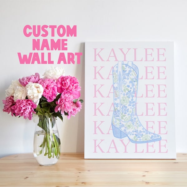 Custom Coastal Cowgirl Wall Art, Preppy Room Decor Print, Preppy Coastal Room Art, Cowboy Boot Wall Print, College Dorm Decor Blue and Pink