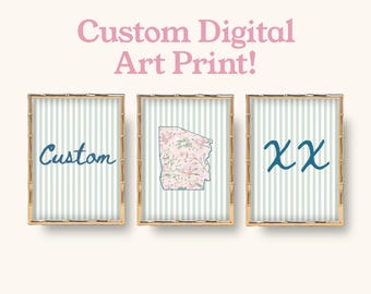 Decoración de pared personalizada estilo chinoiserie con estampado floral rosa y verde para estudiantes universitarias (descarga digital)