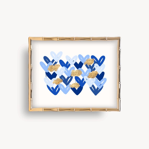 Blue and Gold Hearts Wall Art: Preppy Room Decor (Digital Download)