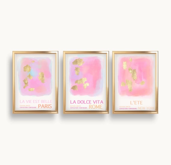 Pink and Gold Watercolor Wall Art: Preppy Abstract Prints (Digital Download)