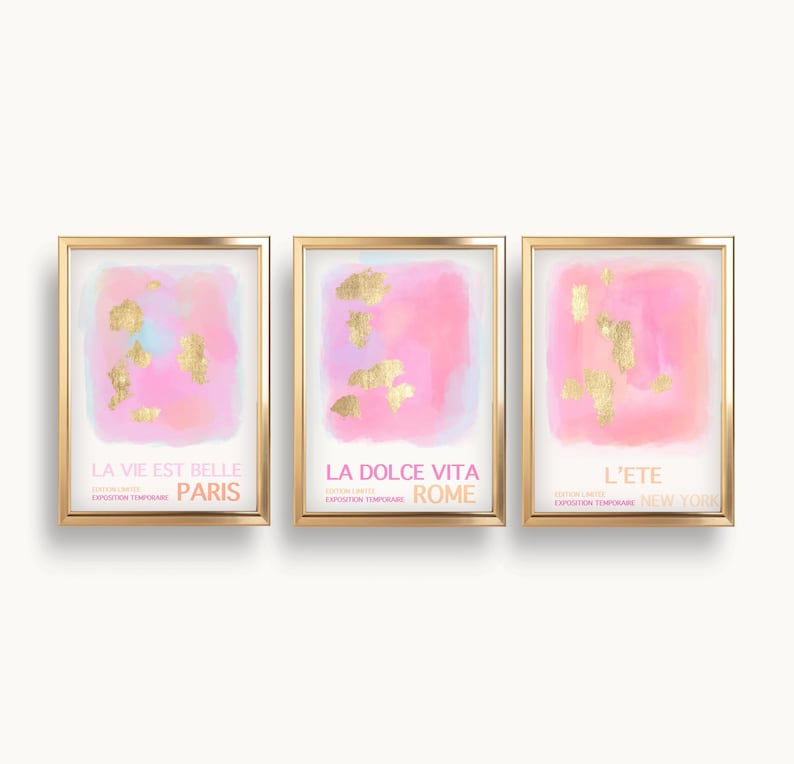 Preppy Bright Watercolor Pink and Gold Room Decor Wall Prints for Girls Rooms Trendy Preppy Aesthetic
