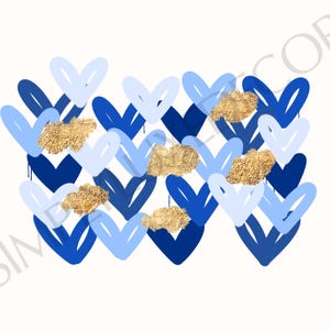 Peut inclure: Motif abstrait de c&oelig;urs bleus et bleu clair avec des accents de paillettes dor&eacute;es. Les c&oelig;urs sont dispos&eacute;s en forme de chevron.