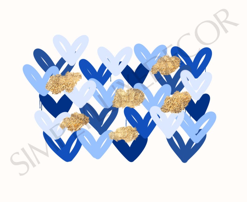 Peut inclure: Motif abstrait de c&oelig;urs bleus et bleu clair avec des accents de paillettes dor&eacute;es. Les c&oelig;urs sont dispos&eacute;s en forme de chevron.