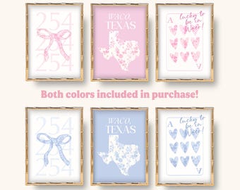 Waco Texas College Dorm Apartment Art: Coquette Pink Blue Floral Prints (Digital Download)