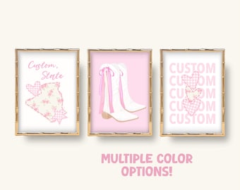 Custom Pink Coquette Gingham Patchwork Dorm Art: Country College Boots Print (Digital Download)