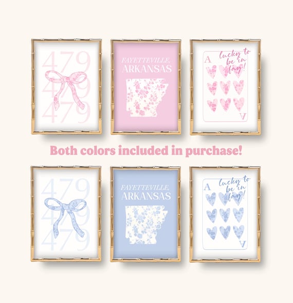 Fayetteville Arkansas College Dorm Art: Preppy Coquette Prints (Digital Download, Set of 6)
