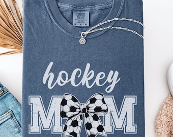 Hockey coquette mom tshirt, ice hockey mama t-shirt, gift for field hockey player mom, graphic coquette bow shirt for hockey mom birthday