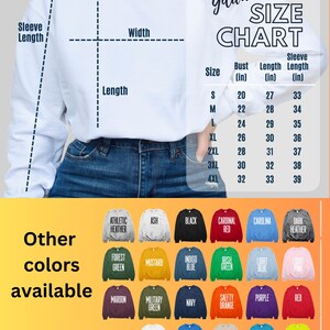 May include: Gildan 18000 Size Chart for sweatshirts. The chart shows bust, length, and sleeve length measurements in inches for sizes S through 4XL.