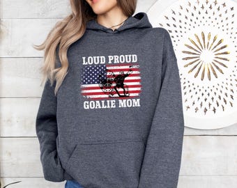 Felpa patriottica da portiere di hockey, regalo di compleanno per la mamma, maglietta da portiere di hockey su ghiaccio con bandiera americana, maglione da mamma portiere, mamma portiere