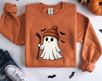 Fun Hockey Halloween cute ghost crewneck sweatshirt gift, Halloween ice hockey sister, hockey Aunt shirt, hockey mom sweater, hockey grandma