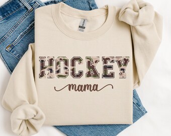 Hockey mom cammo print crewneck sweatshirt, ice hockey season mama shirt, hockey mom gift for mothers day