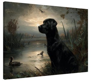 Quadro da parete con cane da caccia Labrador nero, dipinto di caccia alle anatre, opera d'arte di retriever, arredamento rustico per baite, stampa di caccia agli uccelli acquatici,