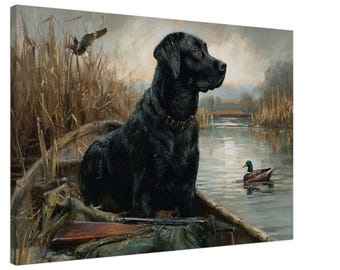 Quadro da parete con cane da caccia Labrador nero, dipinto di caccia alle anatre, opera d'arte di retriever, arredamento rustico per baite, stampa di caccia agli uccelli acquatici,