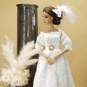 LENE | White wedding dress with lace overskirt for FR and other fashion dolls | with high-quality bracelet and shoes | For Integrity Toys