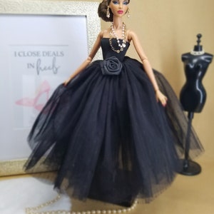 BARONESS | Black magnificent tulle dress with large satin rose | For FR, BB and other fashion dolls | with great shoes and jewelry