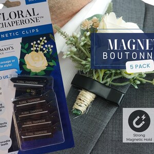 May include: A pack of five magnetic clips for attaching boutonnieres or corsages. The clips are black and have a strong magnetic hold. The packaging also features a white rose and greenery.