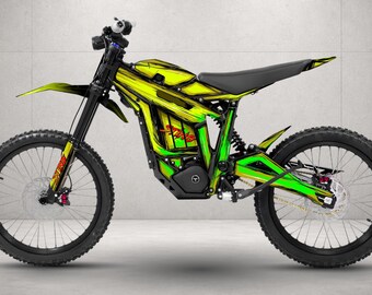 May include: An electric dirt bike featuring a vibrant yellow and green abstract graphic wrap. The bike has a black frame, black seat, black handlebars, and black spoked wheels with knobby tires. The word Sting is visible on the frame.
