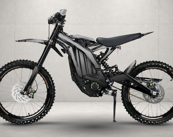 May include: A black electric dirt bike featuring a sleek frame, knobby tires, front and rear disc brakes, a single seat, and a kickstand. The motorcycle has a minimalist design with exposed mechanical components and a dark, monochromatic finish.