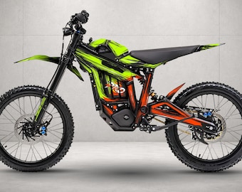 May include: An electric dirt bike featuring a vibrant lime green and black frame with orange accents. The motorcycle has knobby tires, a black seat, a front suspension fork, and a central battery housing with the text Sur-Ron visible on the side.