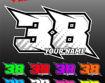 May include: A graphic design featuring the number 38 in a sharp, angular racing font with a halftone dot pattern. The text "YOUR NAME" is positioned below the number. The design is displayed in white and eight other vibrant colors.