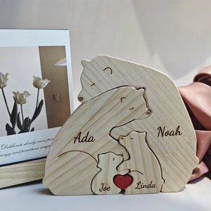 Bären-Familienpuzzle aus Holz, Familienandenken, graviertes Familiennamen-Puzzle, Tierfamilie, Geschenk für Eltern, Vatertagsgeschenk, Geschenk für Kinder Bild 1