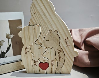 Wooden One-Parent Bear  Family Puzzle,Family Keepsake Gift,Engraved Family Name Puzzle,Animal Family,Gift for Parents,Father's day gift