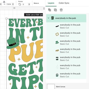 May include: A digital design for a green and yellow graphic that says "Everybody in the pub get tips". The design is made up of individual letters and a leprechaun hat.