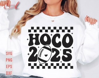May include: White sweatshirt with black text that reads "HOCO 2025" with a black and white chequered pattern above and below the text. A black and white football graphic is in the centre of the text.