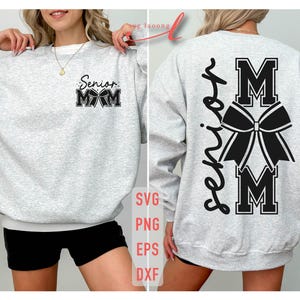 May include: A gray sweatshirt with the text "Senior Mom" and a black bow with the letters "M" on either side. The sweatshirt is shown on a model.