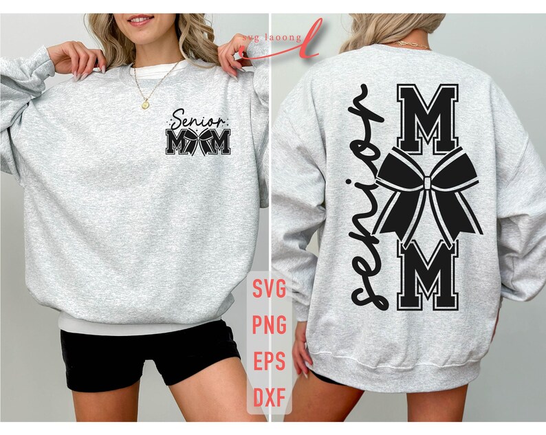 May include: A gray sweatshirt with the text "Senior Mom" and a black bow with the letters "M" on either side. The sweatshirt is shown on a model.