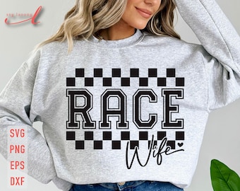 May include: A gray sweatshirt with a black checkered pattern, the word "RACE" in a bold black font, and the words "Wife" in a cursive font with a small heart.
