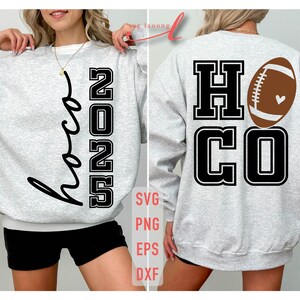 May include: A gray sweatshirt with a black design on the front. The design says "HOCO 2023" with a football graphic. The back of the sweatshirt has a black design that says "HOCO" with a football graphic.