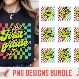 Rainbow Checkered School Grade Png Bundle, First Day Of School Png, Welcome Back To School Png, Teacher Shirt Png, Checkered Teacher Png