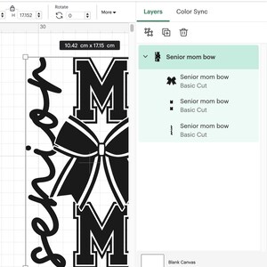 May include: Black and white design for a senior mom bow with the word "senior" written in a cursive font and the letter "M" in a block font. The design includes a large bow with a white ribbon.