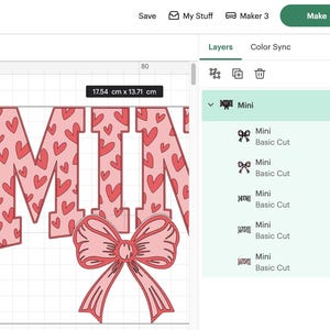 May include: A digital design for a pink and red "MOM" with a pink bow. The letters are filled with a pattern of small red hearts.