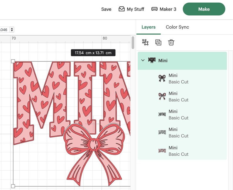 May include: A digital design for a pink and red "MOM" with a pink bow. The letters are filled with a pattern of small red hearts.
