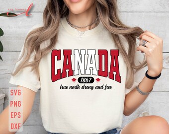 May include: White t-shirt with a red and white "CANADA" graphic, the year "1867" and the text "true north strong and free".