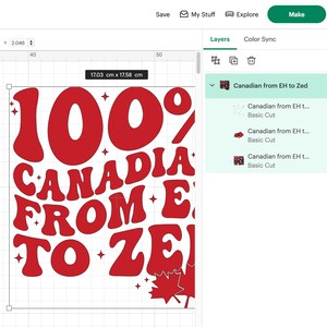 Pu&ograve; includere: Progettazione grafica rossa e bianca con il testo "100% CANADESE DA EH A ZED" in uno stile di font retr&ograve;. Una foglia d'acero rossa si trova nell'angolo in basso a destra.