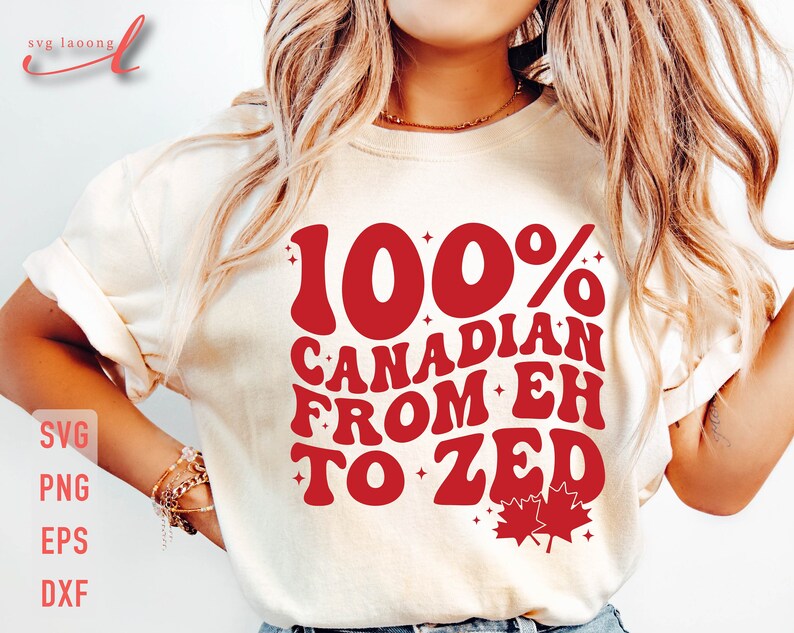 Pu&ograve; includere: Una maglietta bianca con una grafica rossa che dice "100% CANADESE DA EH A ZED" con un design a foglia d'acero rossa.