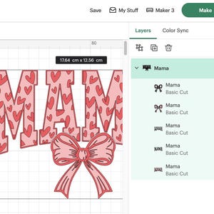 May include: A digital design of the word "Mama" in pink with a pink bow and a pattern of small red hearts. The design is on a white grid background.
