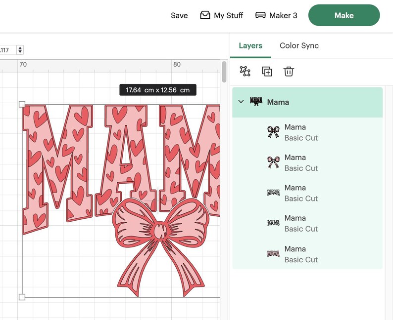 May include: A digital design of the word "Mama" in pink with a pink bow and a pattern of small red hearts. The design is on a white grid background.
