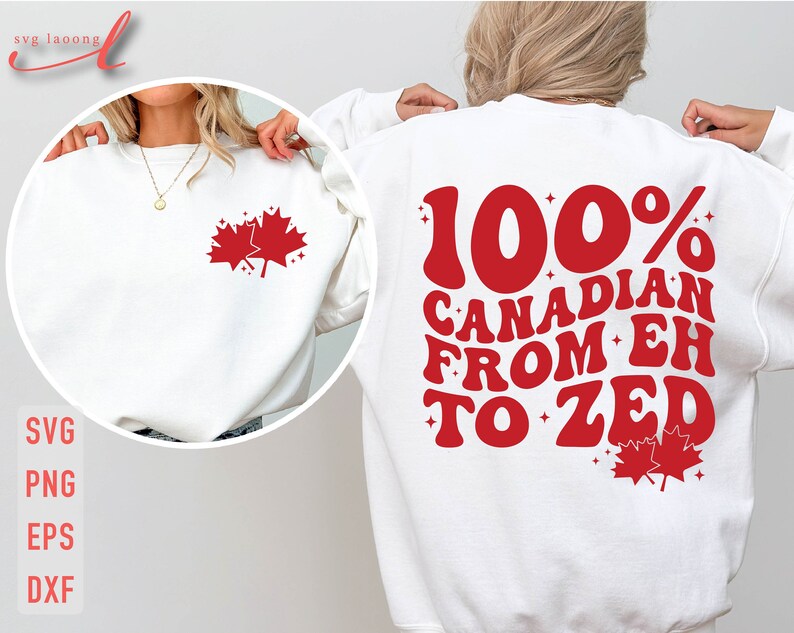 Pu&ograve; includere: Felpa bianca con testo rosso che recita "100% CANADESE DA EH A ZED" e due foglie d'acero rosse.