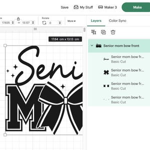 May include: Black and white design for a senior mom bow with the word "Seni" and a large letter "M" with a bow on the right side.